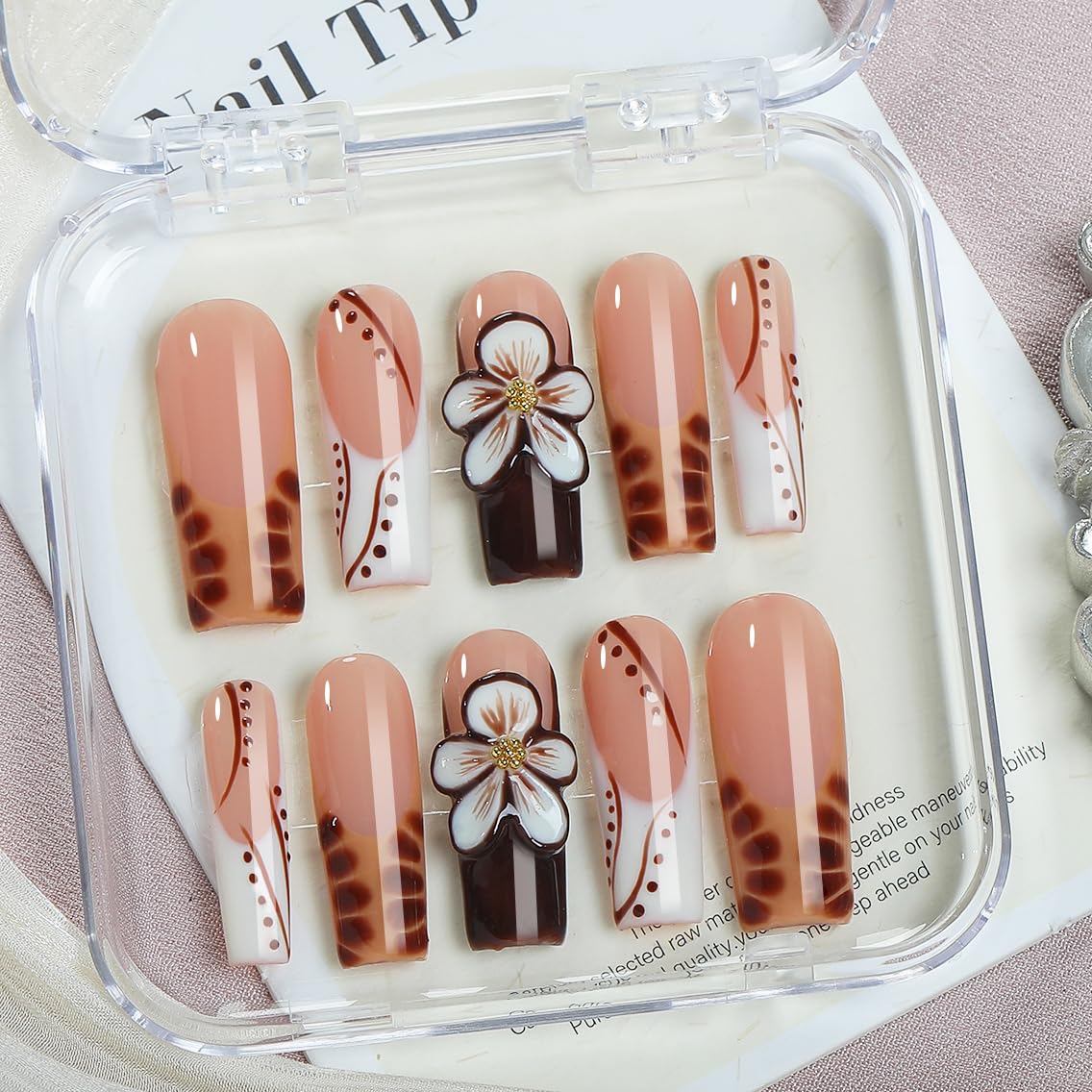 Appife Handmade Acrylic Square Press-On Nails – 10pc Brown & White Glossy Tips