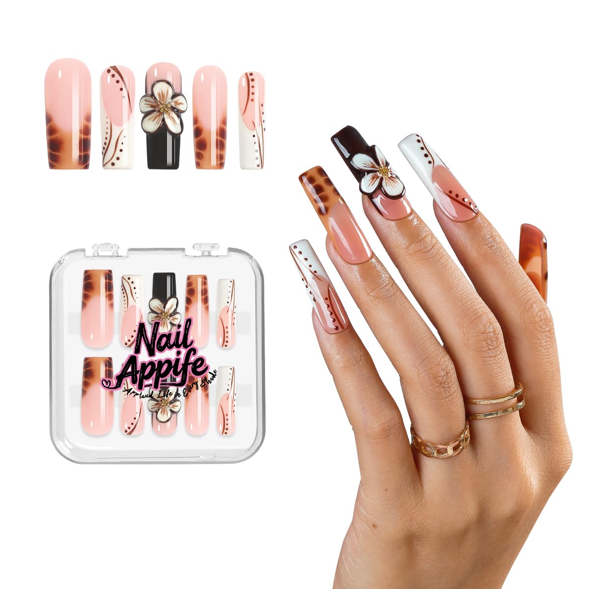 Appife Handmade Acrylic Square Press-On Nails – 10pc Brown & White Glossy Tips
