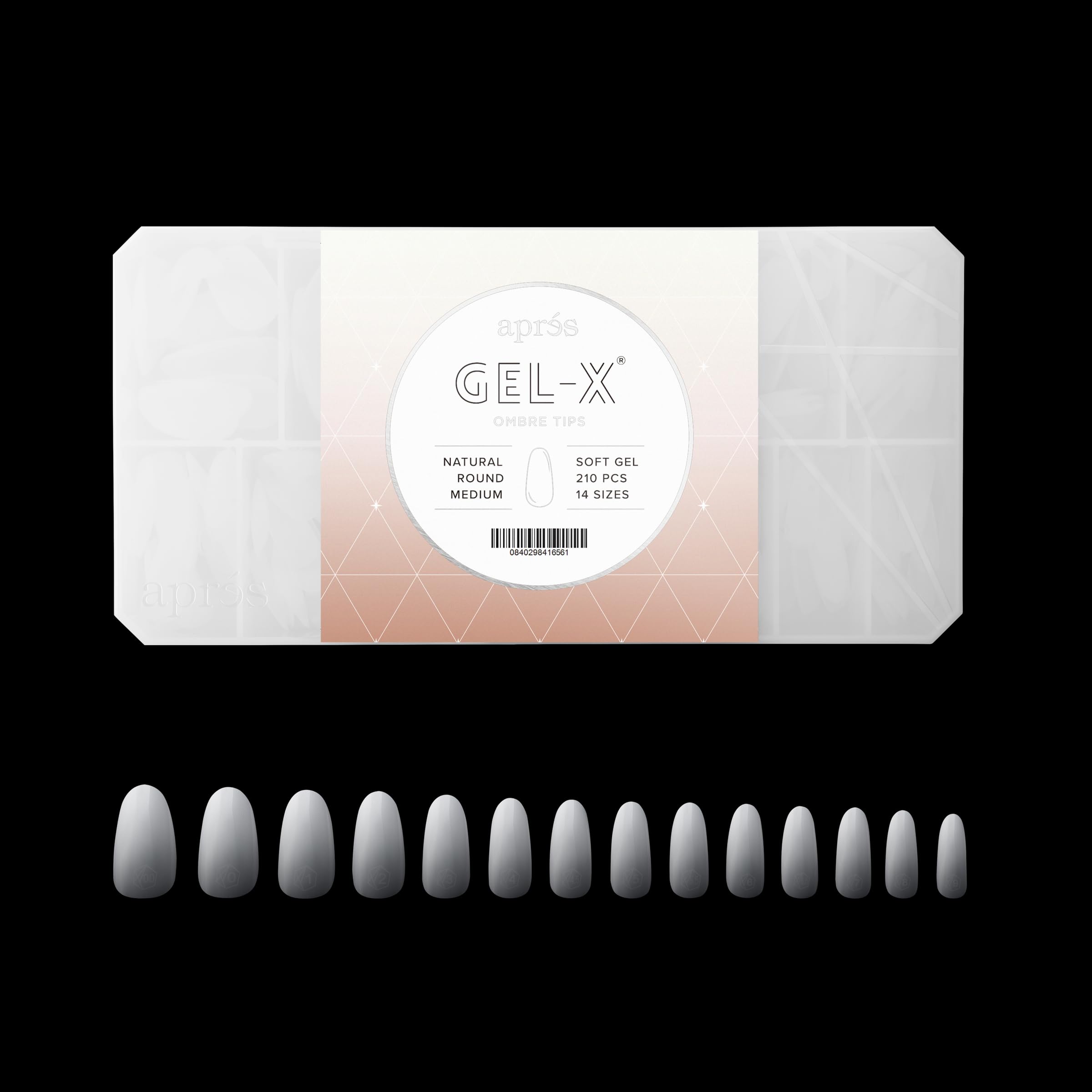 APRES Ombre Gel-X Tips Box – 210 Count, 14 Sizes (00-9), Natural Round (Medium)
