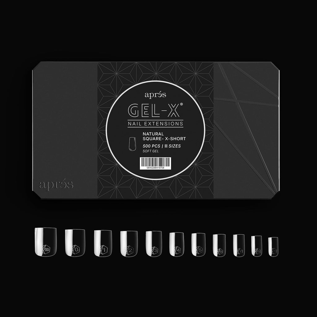 APRÉS Gel-X Natural Square Extra Short Tips Box – 500 Tips, 11 Sizes 00–9, Premium Quality