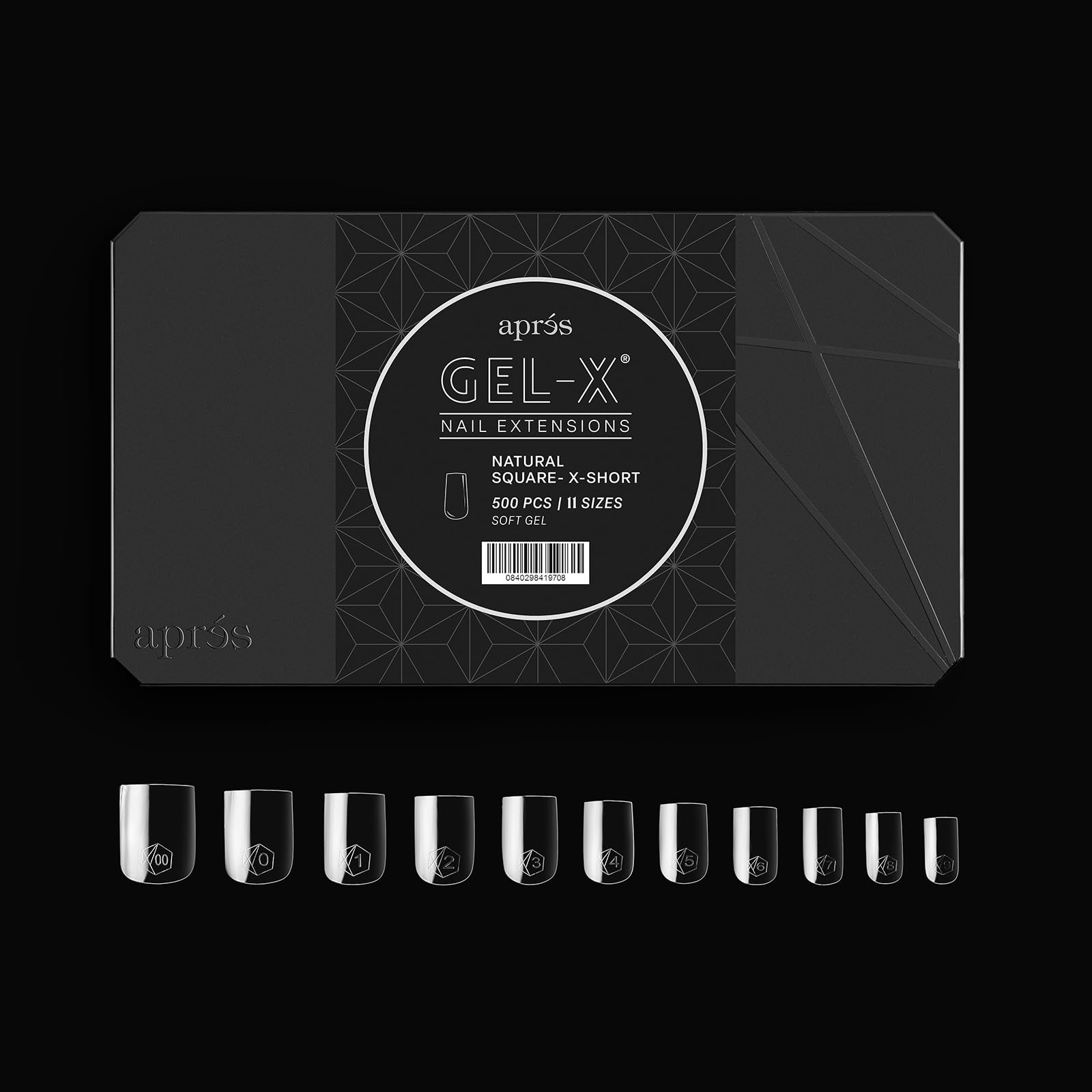 APRÉS Gel-X Natural Square Extra Short Tips Box – 500 Tips, 11 Sizes 00–9, Premium Quality