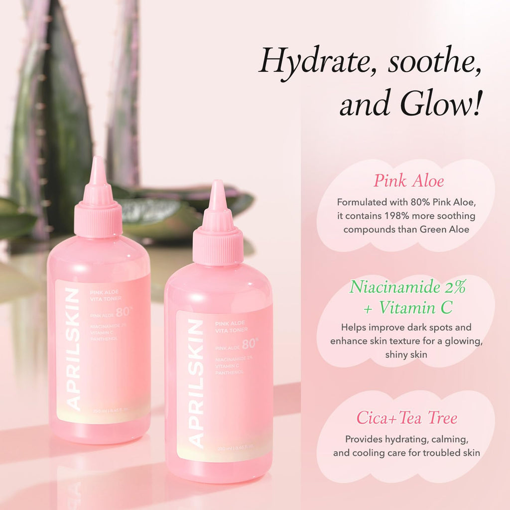APRILSKIN Pink Aloe Vita Toner — Hydrating, Non-Sticky Calming Toner with 80% Pink Aloe Vera Water (8.45 fl oz)