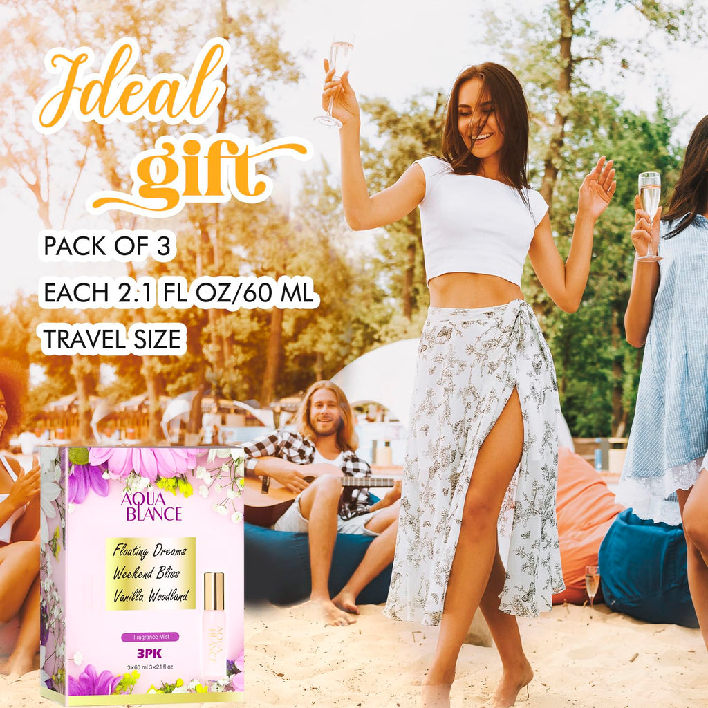 AQUA BLANCE Body Spray Set — 3 Travel-Size Scents (60ml each) Vanilla Woodland, Weekend Bliss, Floating Dreams