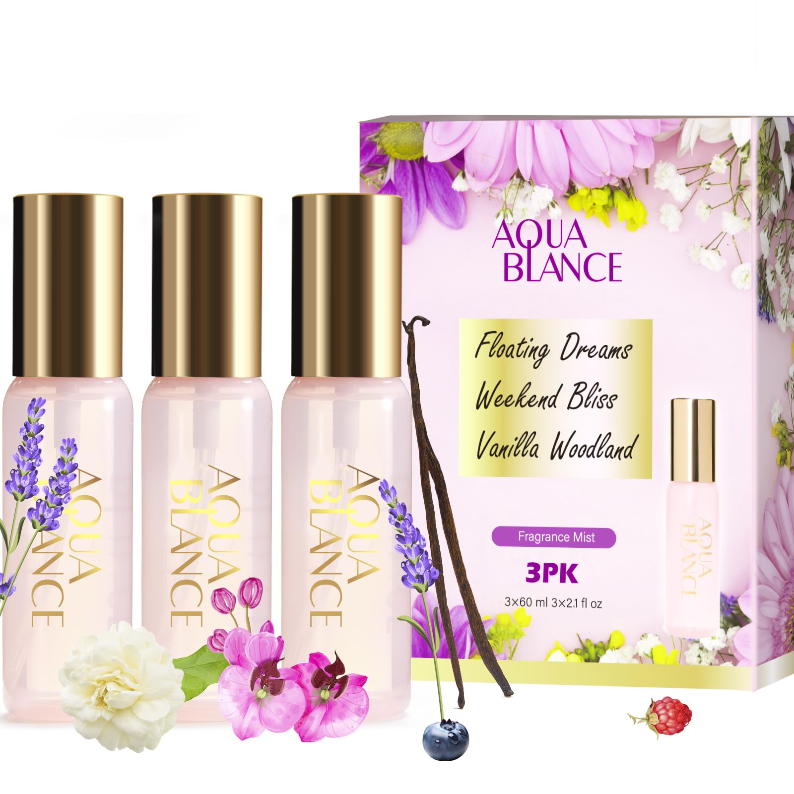 AQUA BLANCE Body Spray Set — 3 Travel-Size Scents (60ml each) Vanilla Woodland, Weekend Bliss, Floating Dreams