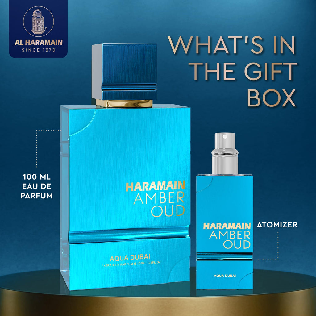 Al Haramain Amber Oud EDP – Aqua Dubai with Travel Atomizer, 3.33oz