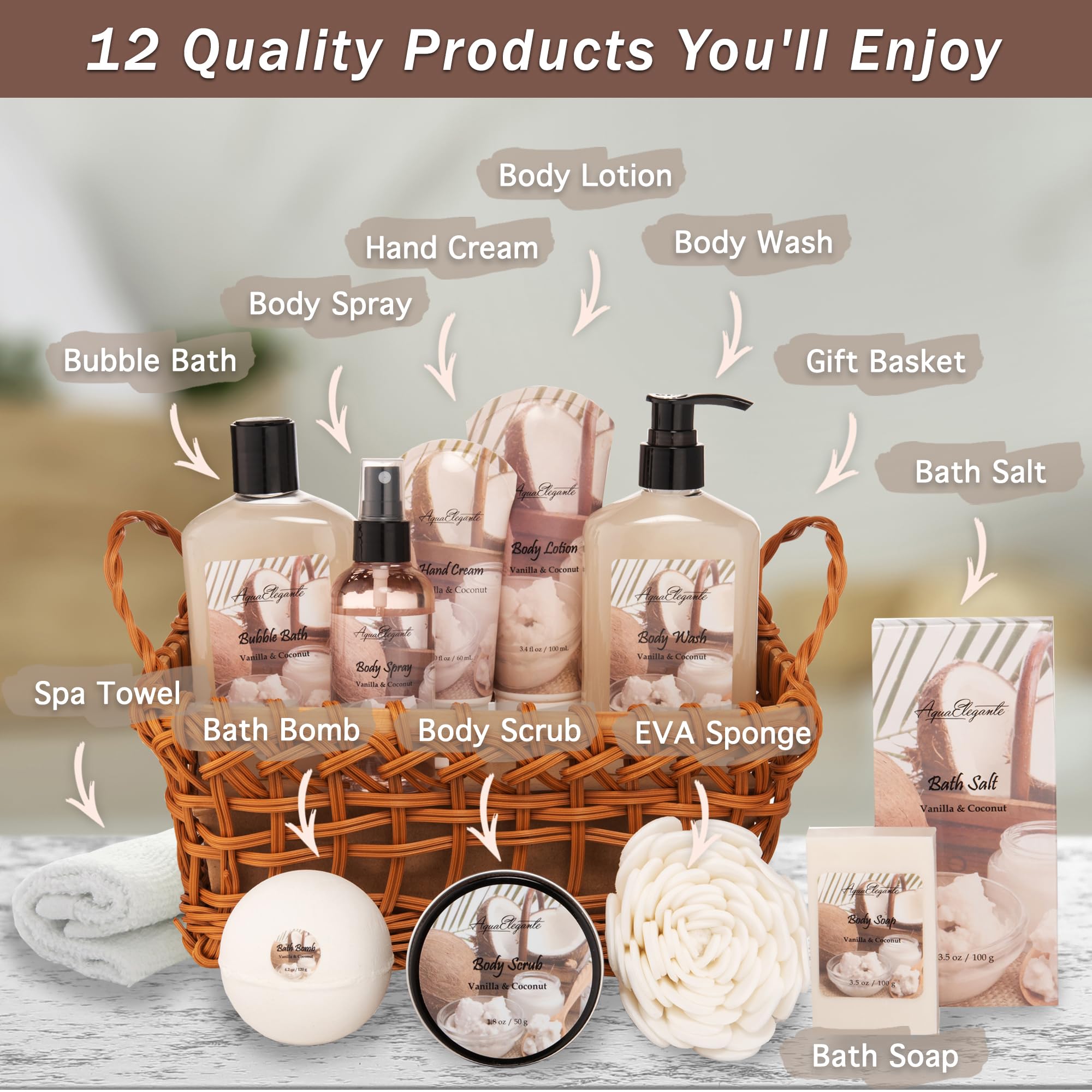 Aqua Elegante Spa Baskets for Women – Luxury Coconut & Vanilla Bath Set Gift Pack