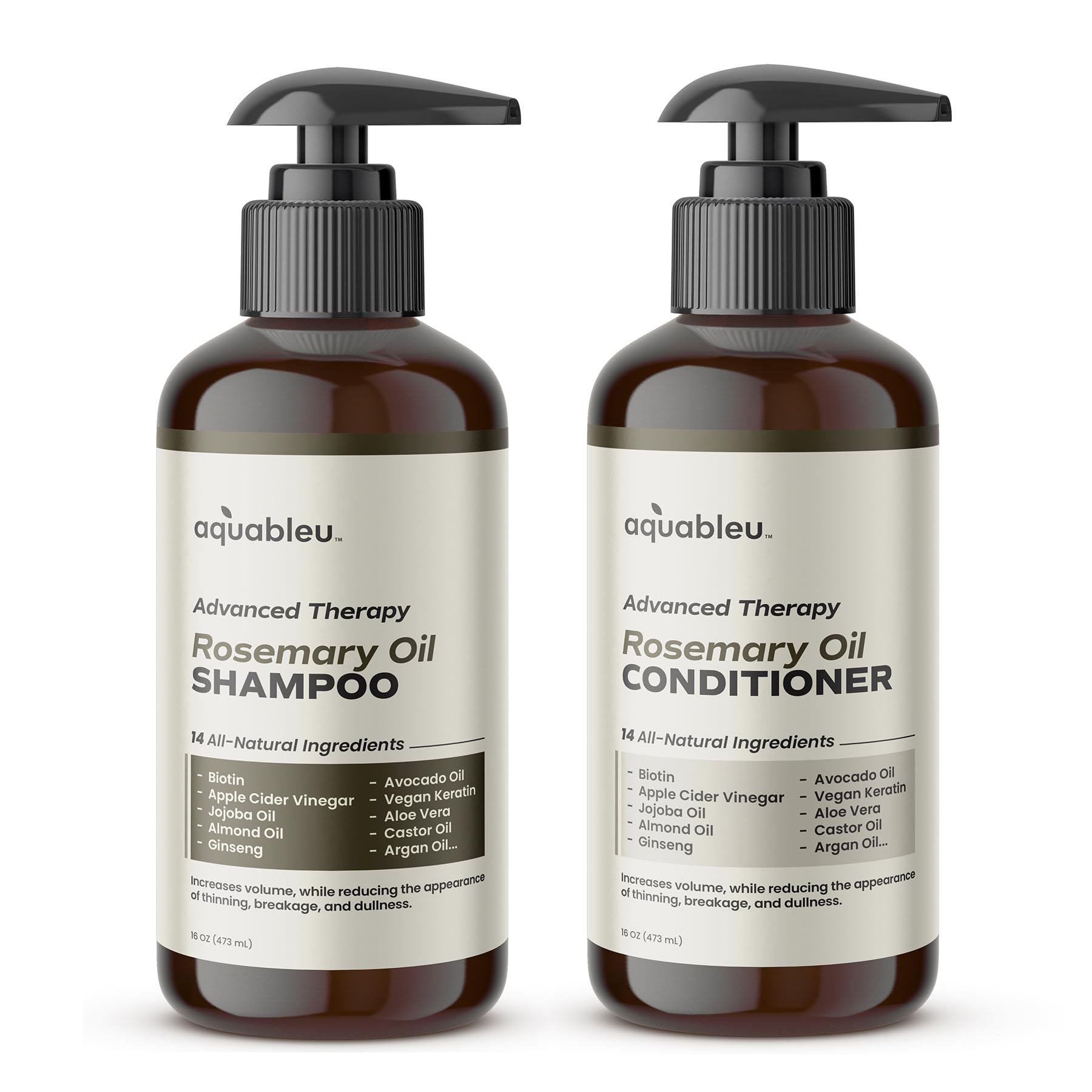 Aquableu Advanced Therapy Rosemary Oil Shampoo & Conditioner Set – 16oz for Volume, Strength & Thickness