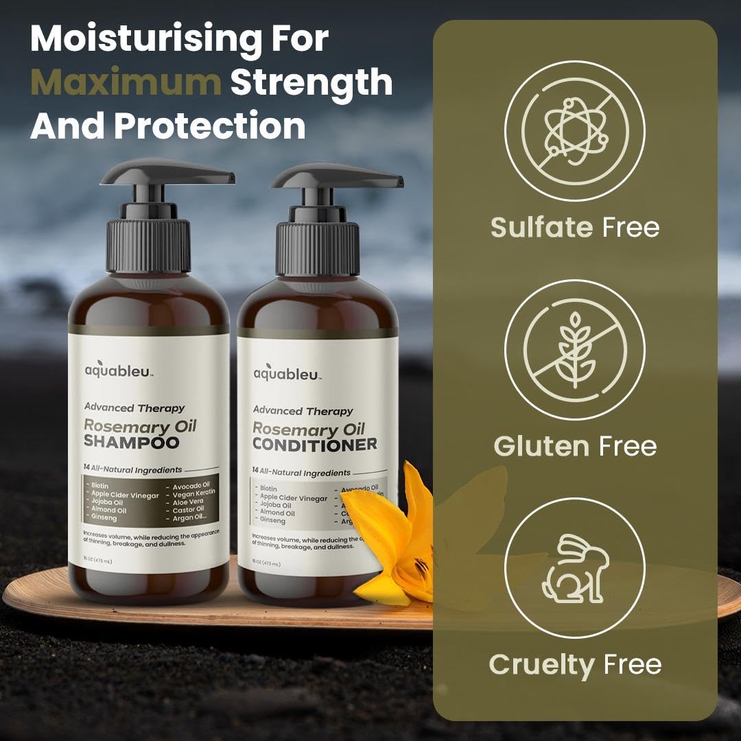 Aquableu Advanced Therapy Rosemary Oil Shampoo & Conditioner Set – 16oz for Volume, Strength & Thickness