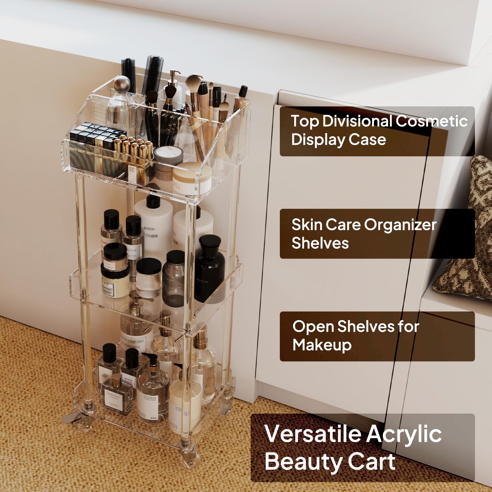 Aquiver Acrylic Makeup Cart - 3-Tier Rolling Vanity Organizer in Clear