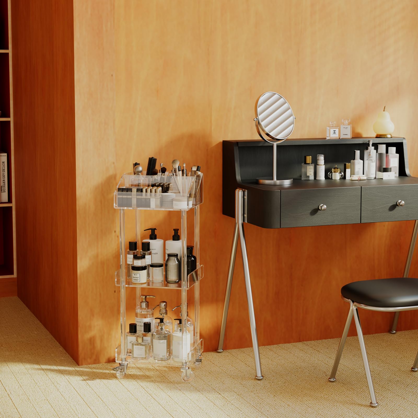 Aquiver Acrylic Makeup Cart - 3-Tier Rolling Vanity Organizer in Clear