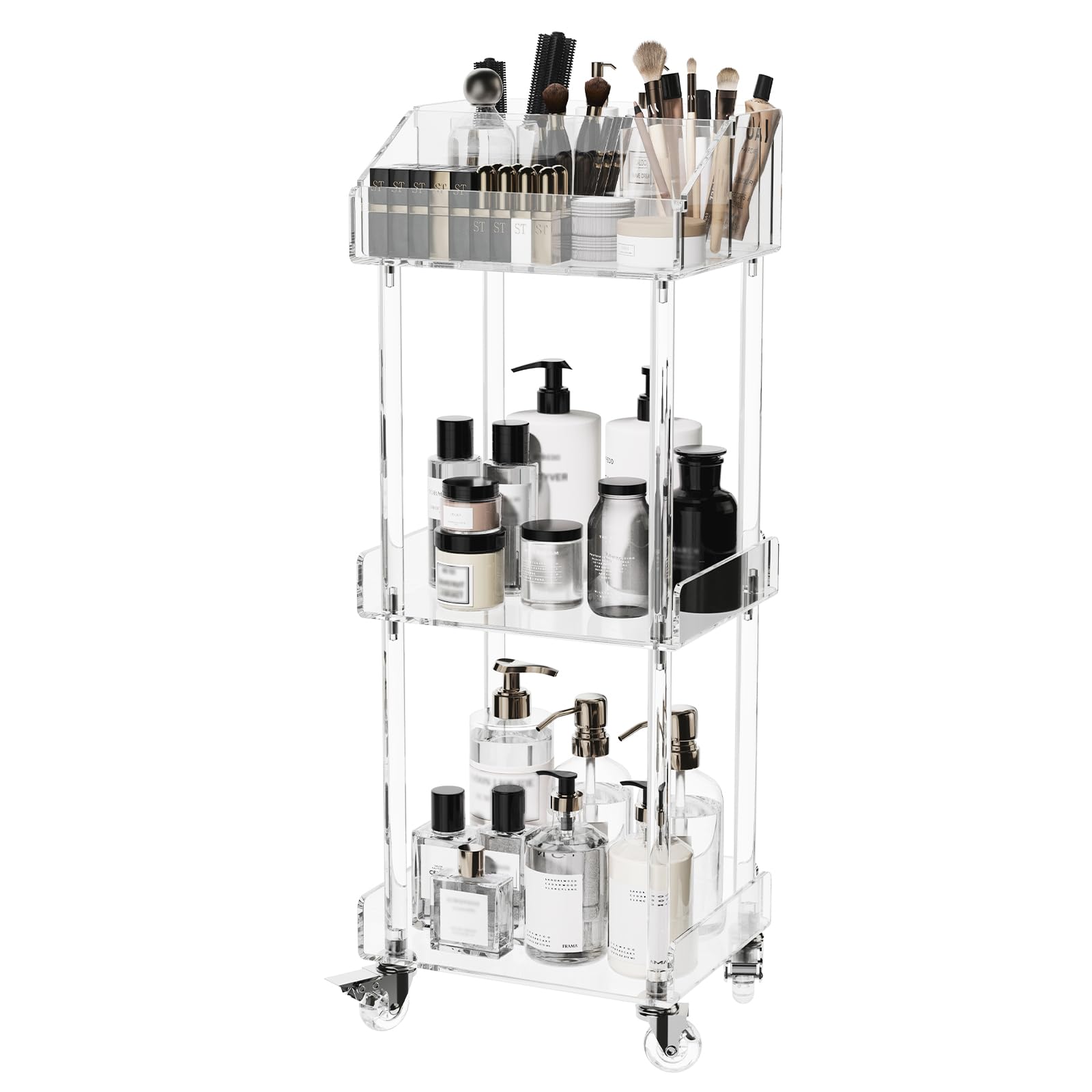 Aquiver Acrylic Makeup Cart - 3-Tier Rolling Vanity Organizer in Clear