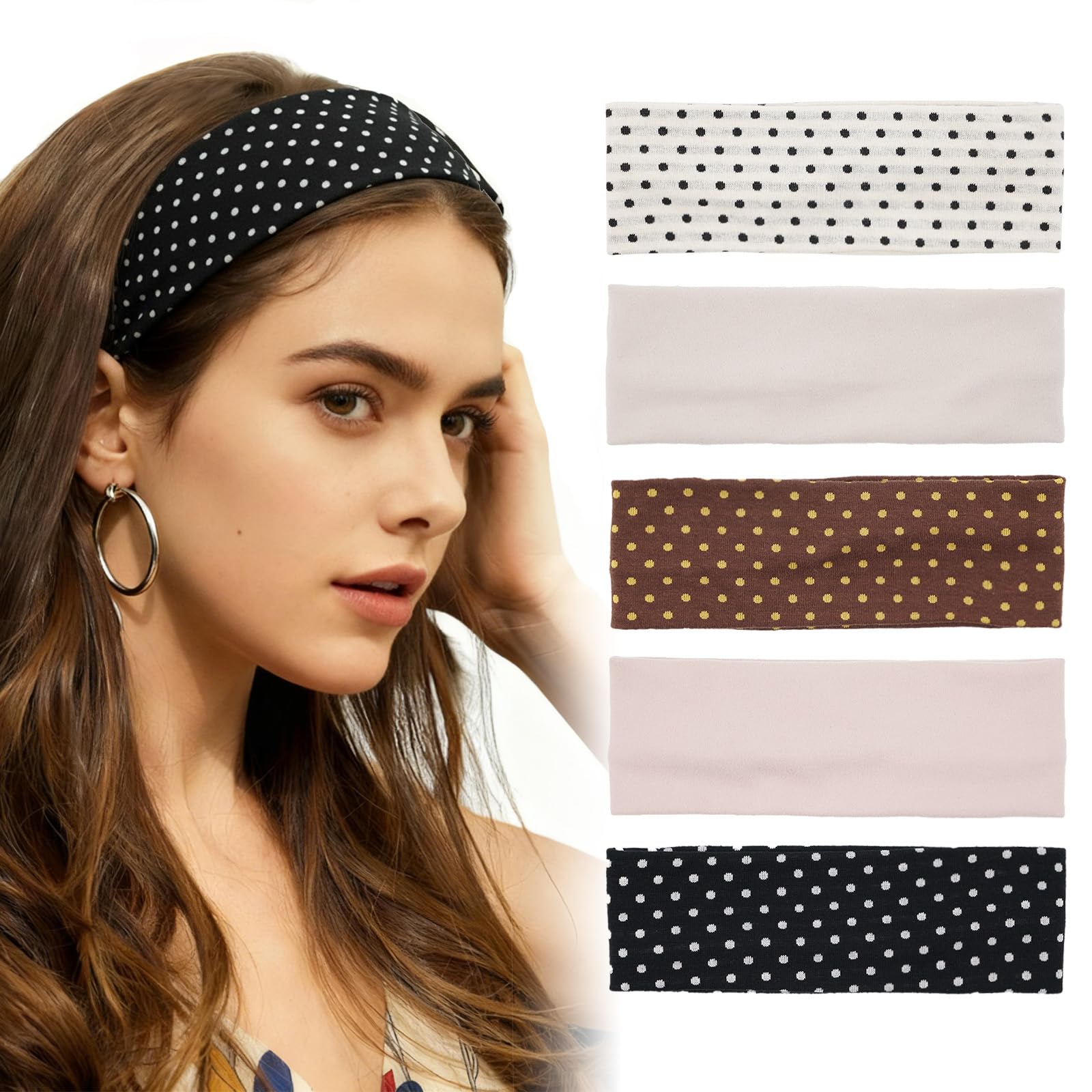 Aranya Women's Headbands 5pc Set – Soft Stretchy Fabric for Yoga & Everyday Wear (Polka Dot)