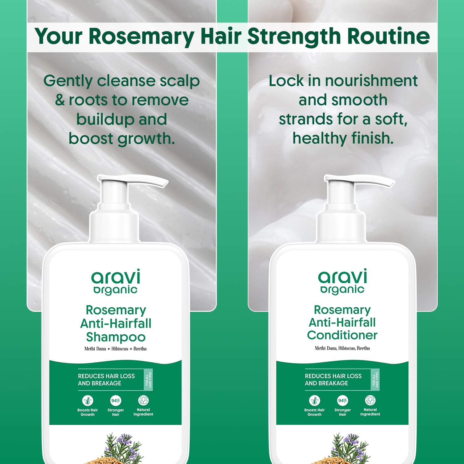Aravi Organic Rosemary Anti Hairfall & Hair Growth Shampoo & Conditioner Combo | Sulphate-Free | For Dry & Frizzy Hair | 200ml Each