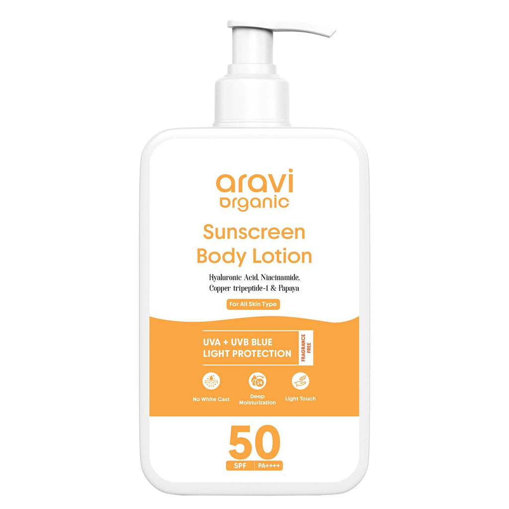 Aravi Organic Oil-Free Sunscreen Body Lotion SPF 50 PA++++ | Lightweight, Invisible Finish | 200ml