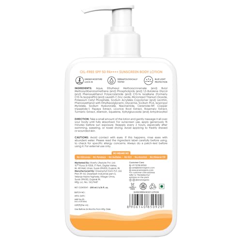 Aravi Organic Oil-Free Sunscreen Body Lotion SPF 50 PA++++ | Lightweight, Invisible Finish | 200ml