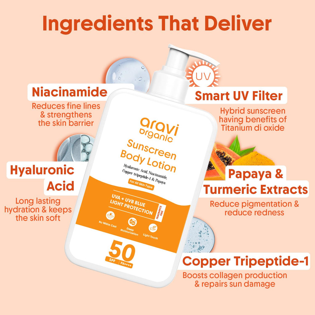 Aravi Organic Oil-Free Sunscreen Body Lotion SPF 50 PA++++ | Lightweight, Invisible Finish | 200ml