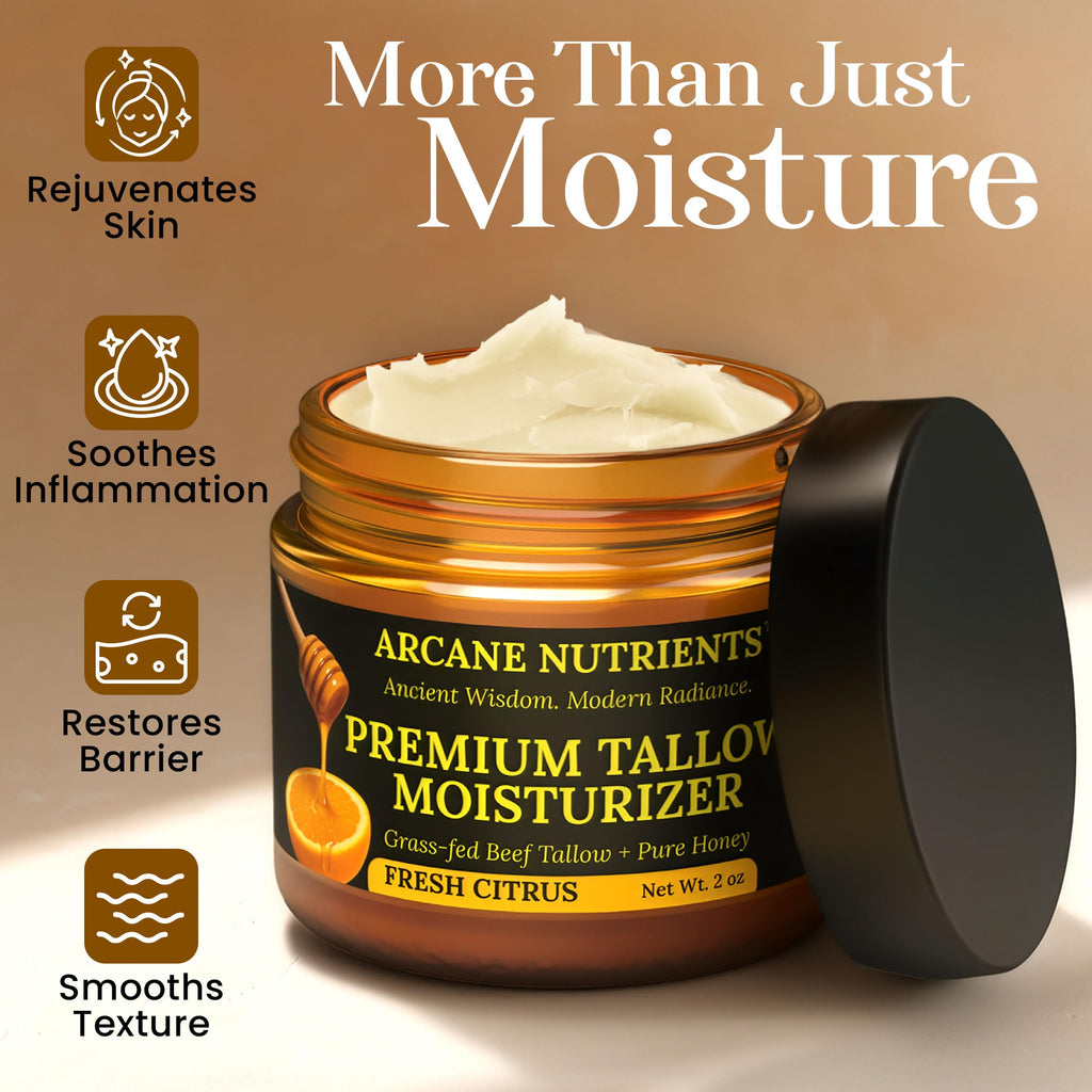ARCANE NUTRIENTS Grass-Fed Beef Tallow Balm with Honey — Nourishing Moisturizer for Face, Hands & Body | Fresh Citrus Scent | 2 oz