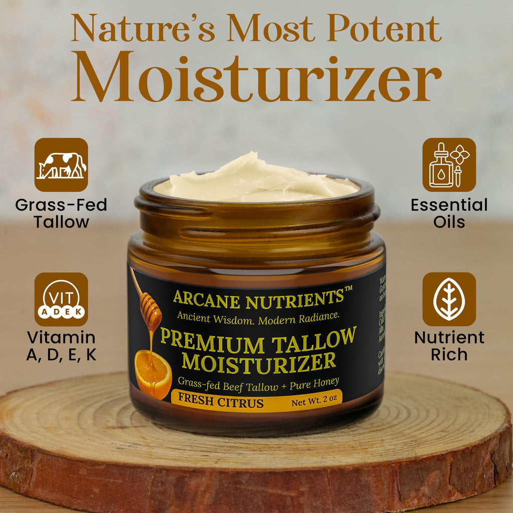ARCANE NUTRIENTS Grass-Fed Beef Tallow Balm with Honey — Nourishing Moisturizer for Face, Hands & Body | Fresh Citrus Scent | 2 oz