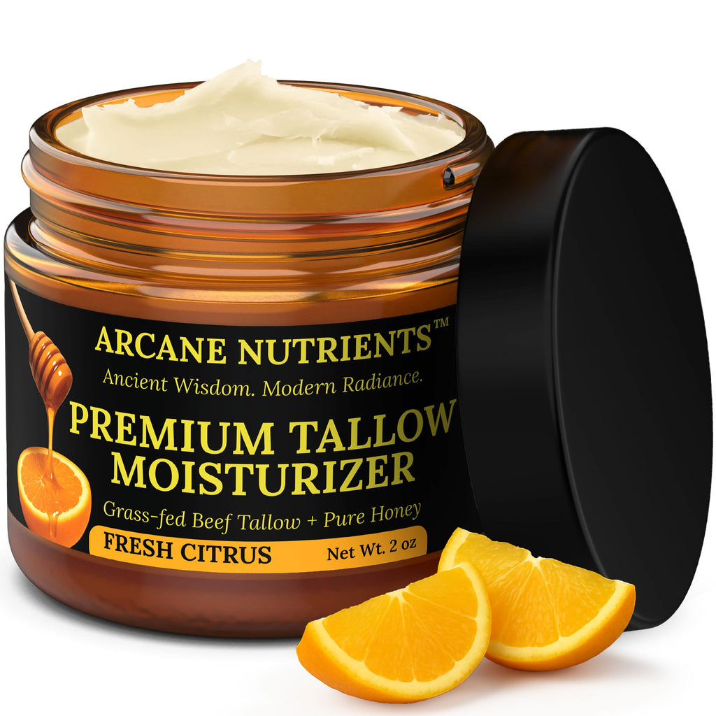 ARCANE NUTRIENTS Grass-Fed Beef Tallow Balm with Honey — Nourishing Moisturizer for Face, Hands & Body | Fresh Citrus Scent | 2 oz