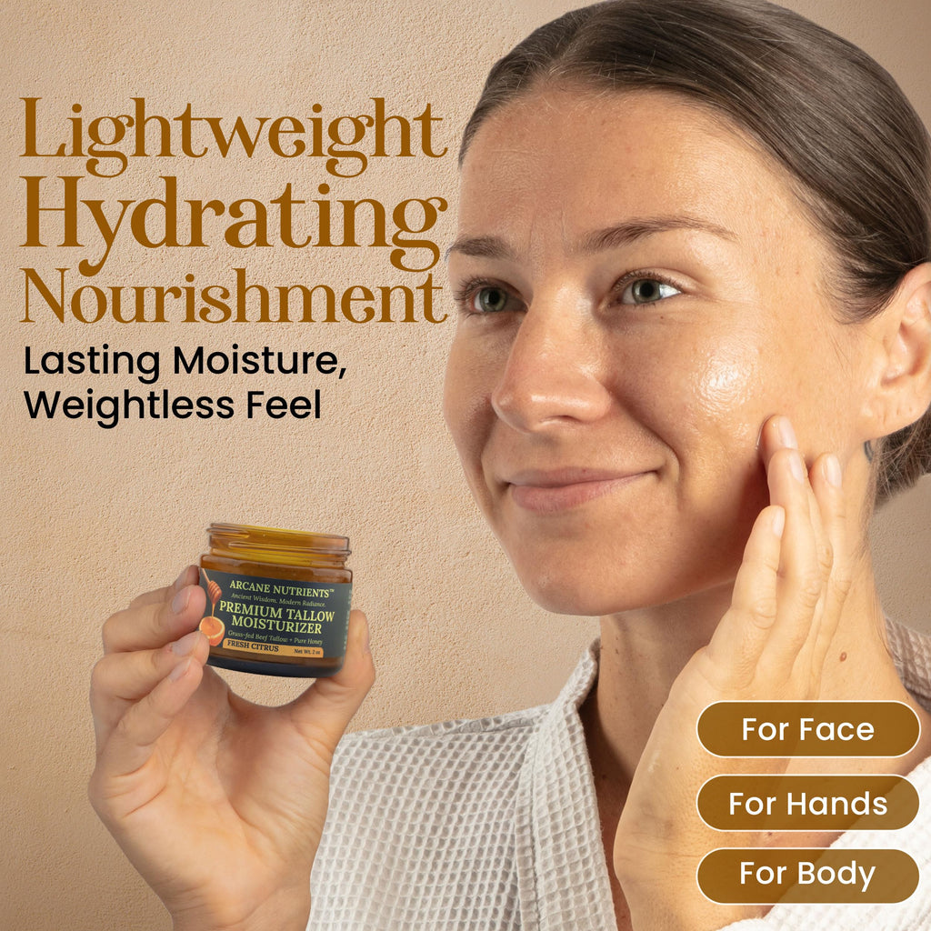 ARCANE NUTRIENTS Grass-Fed Beef Tallow Balm with Honey — Nourishing Moisturizer for Face, Hands & Body | Fresh Citrus Scent | 2 oz