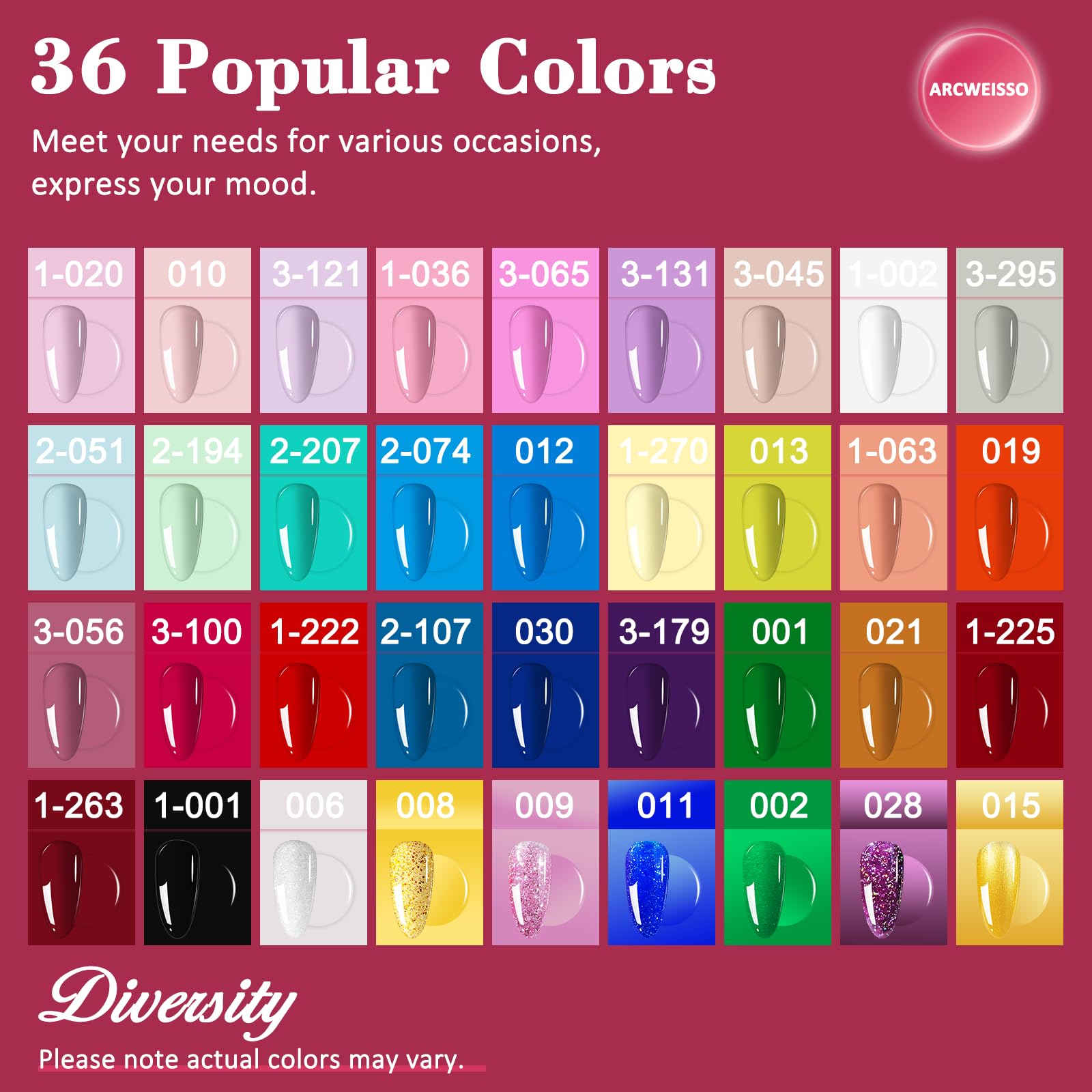 ARCWEISSO Gel Nail Polish Kit with UV Light — 36 Colors, Base & Top Coats