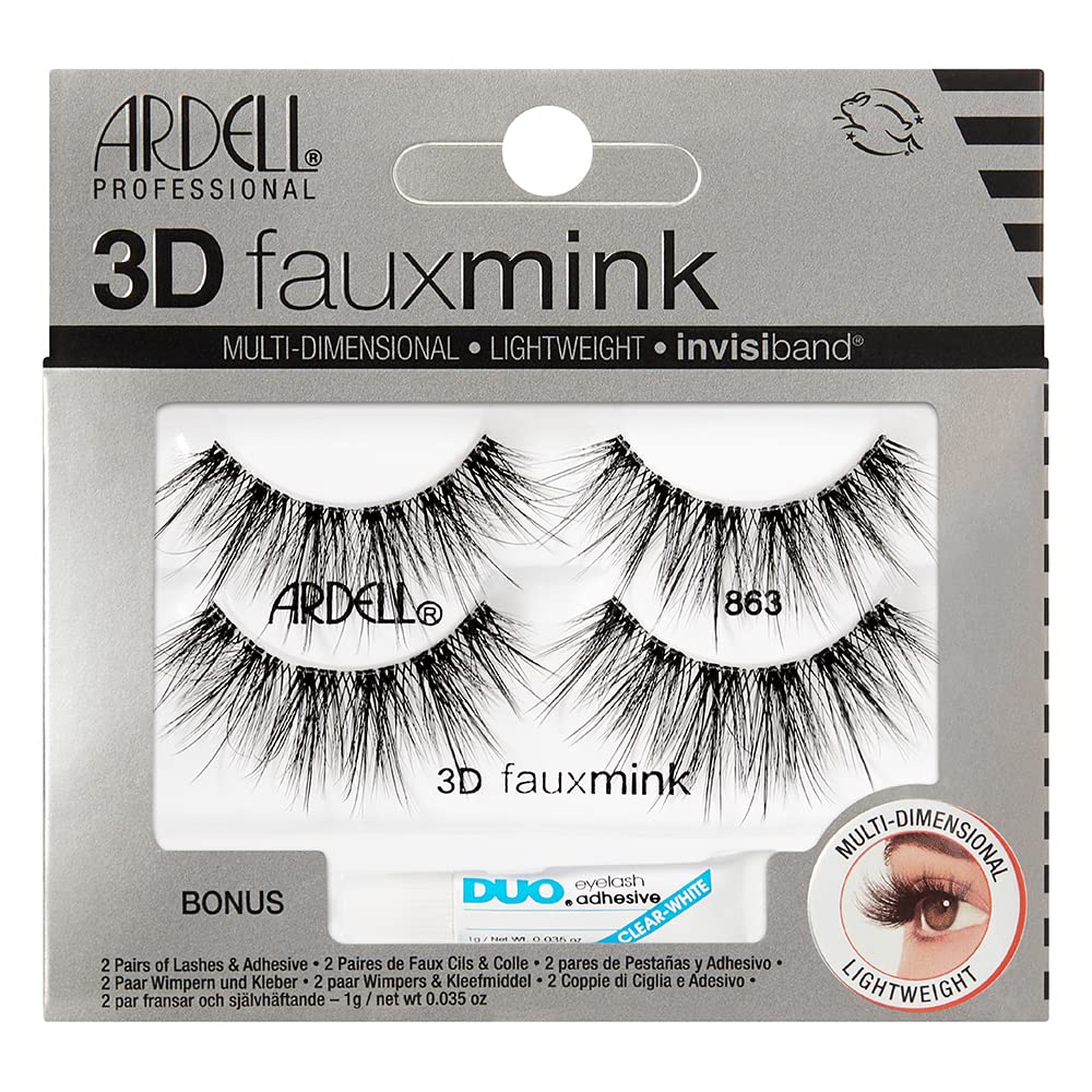 Ardell 3D Faux Mink Lashes 863 with Duo Adhesive Pipette – Long-Lasting Natural Look, 1 Pack