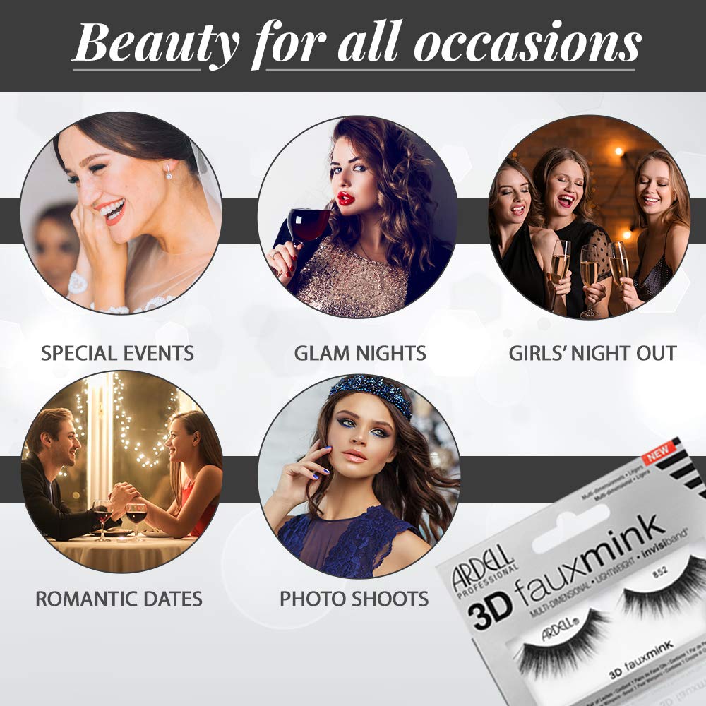 Ardell 3D Faux Mink 852 Lashes – Flared Natural Look, Invisiband, 4 Pairs