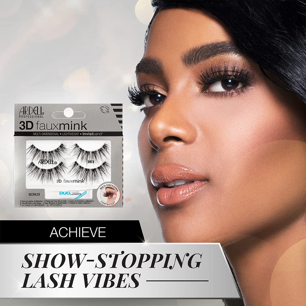 Ardell 3D Faux Mink Lashes 863 with Duo Adhesive Pipette – Long-Lasting Natural Look, 1 Pack