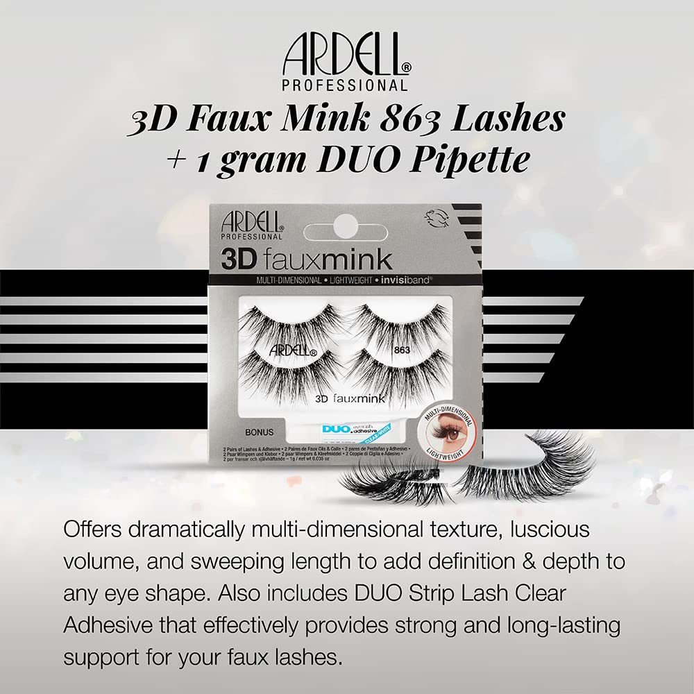 Ardell 3D Faux Mink Lashes 863 with Duo Adhesive Pipette – Long-Lasting Natural Look, 1 Pack