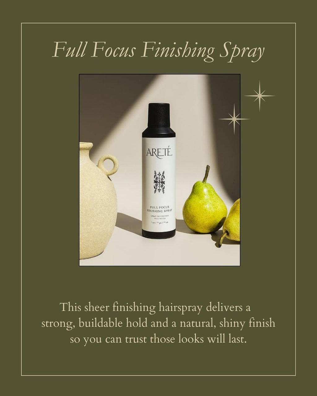 ARETÉ Full Focus Finishing Spray – Strong Buildable Hold, Shiny Finish, Anti-Frizz Hairspray for Women | Made in USA 8oz