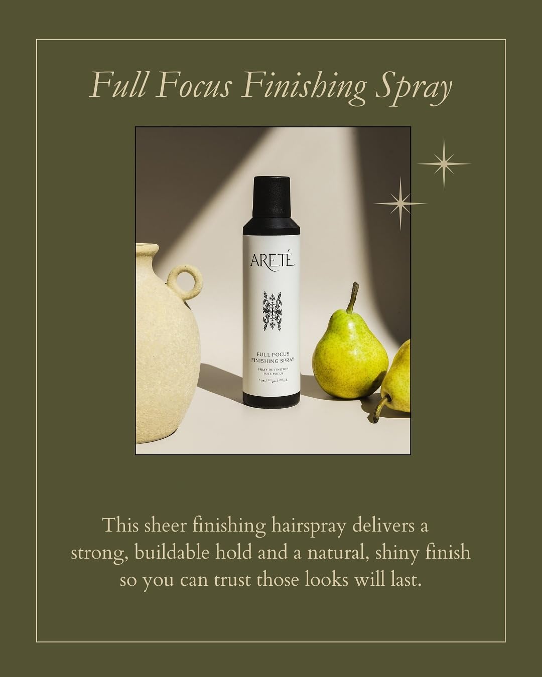 ARETÉ Full Focus Finishing Spray – Strong Buildable Hold, Shiny Finish, Anti-Frizz Hairspray for Women | Made in USA 8oz