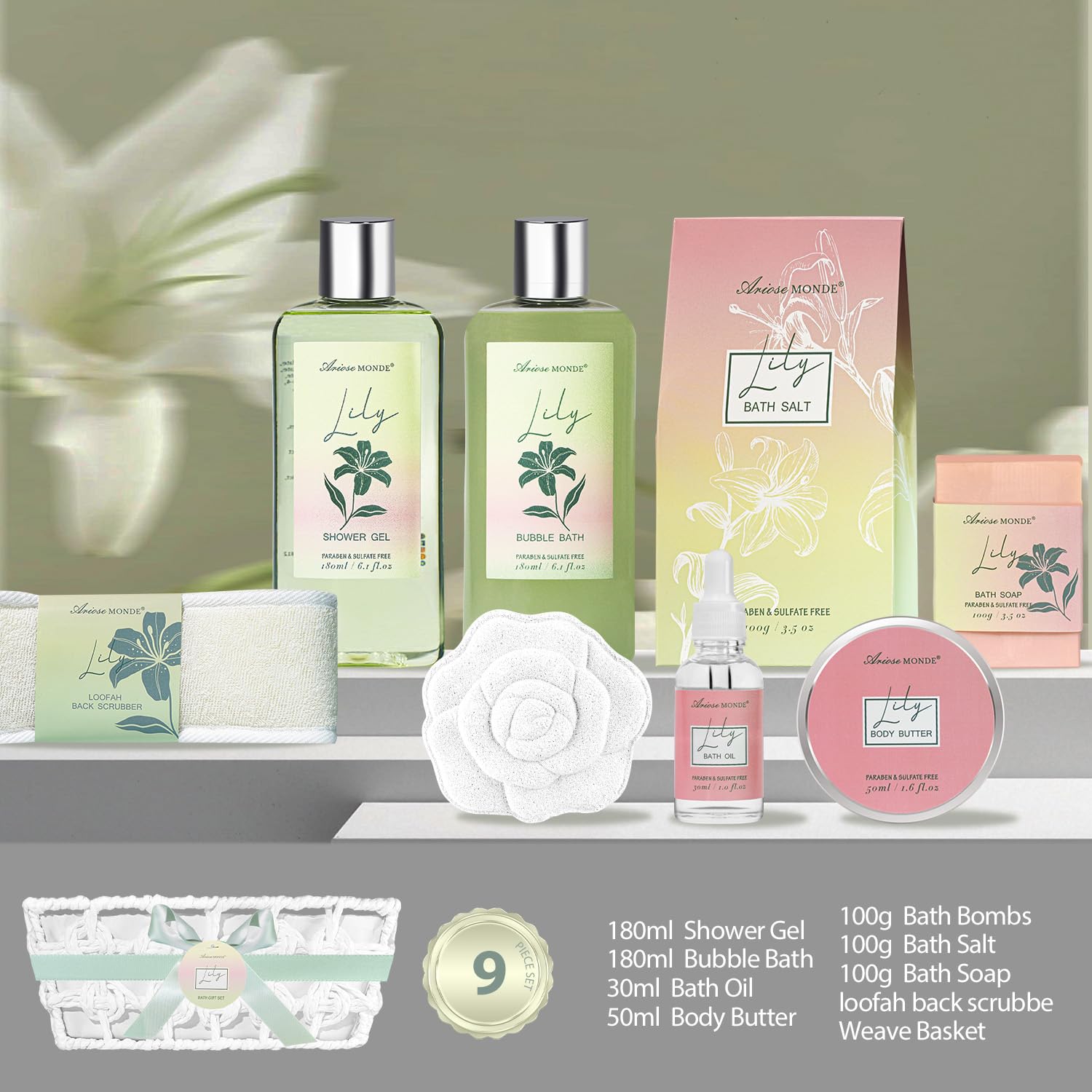 ArioseMonde Lily Spa Gift Set — 9-Piece Bath & Body Gift Basket for Women