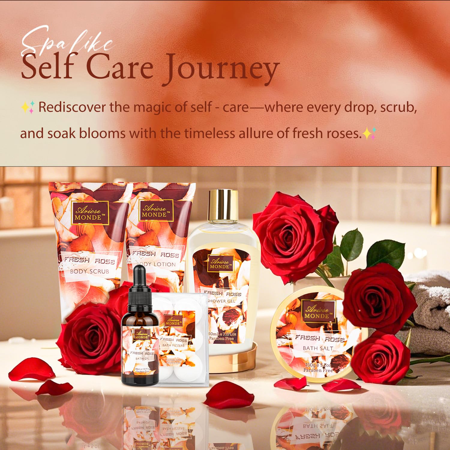 ArioseMonde Fresh Rose Spa Gift Set – 8-Piece At-Home Bath Kit for Women