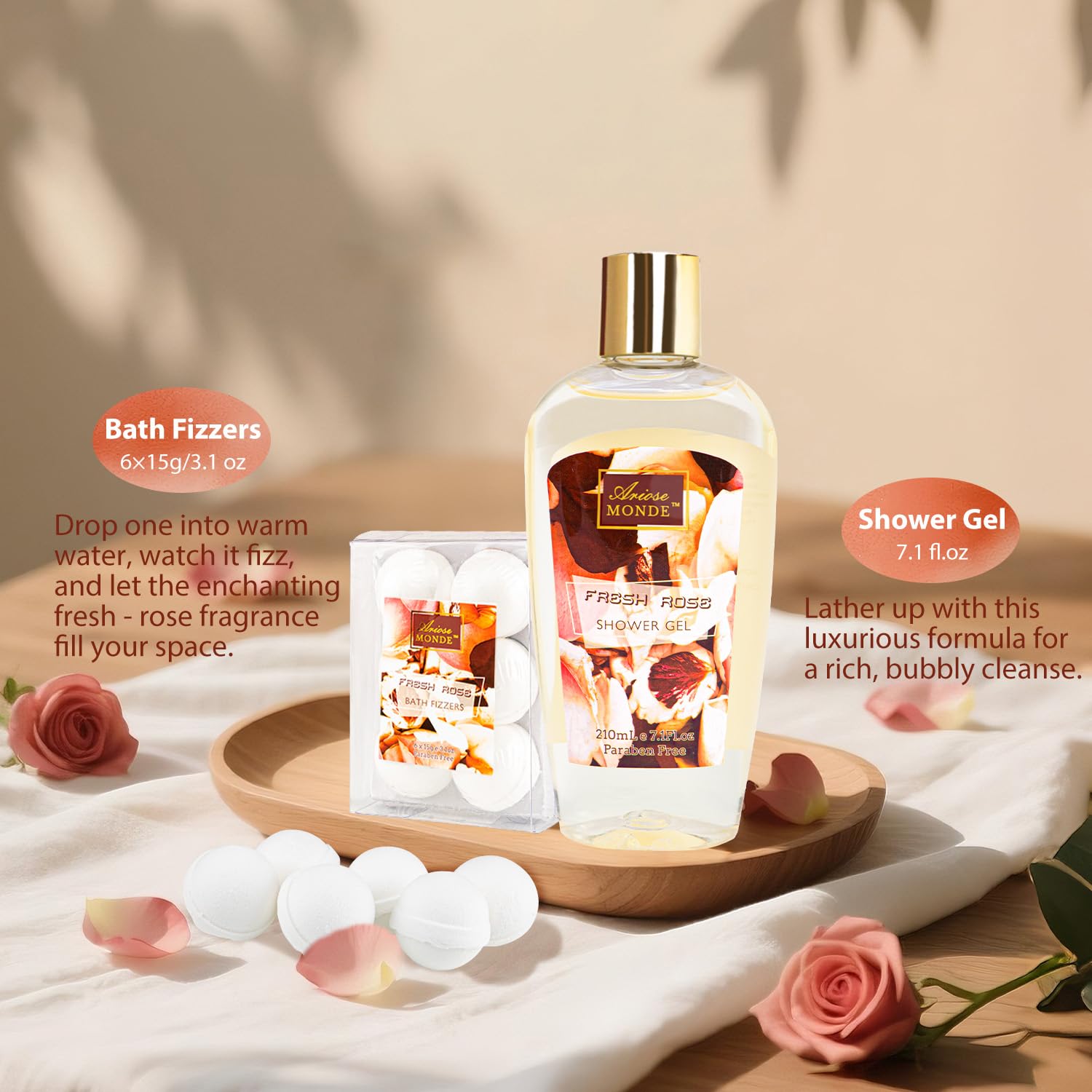 ArioseMonde Fresh Rose Spa Gift Set – 8-Piece At-Home Bath Kit for Women