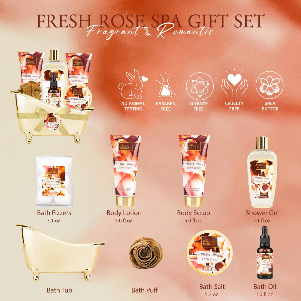 ArioseMonde Fresh Rose Spa Gift Set – 8-Piece At-Home Bath Kit for Women