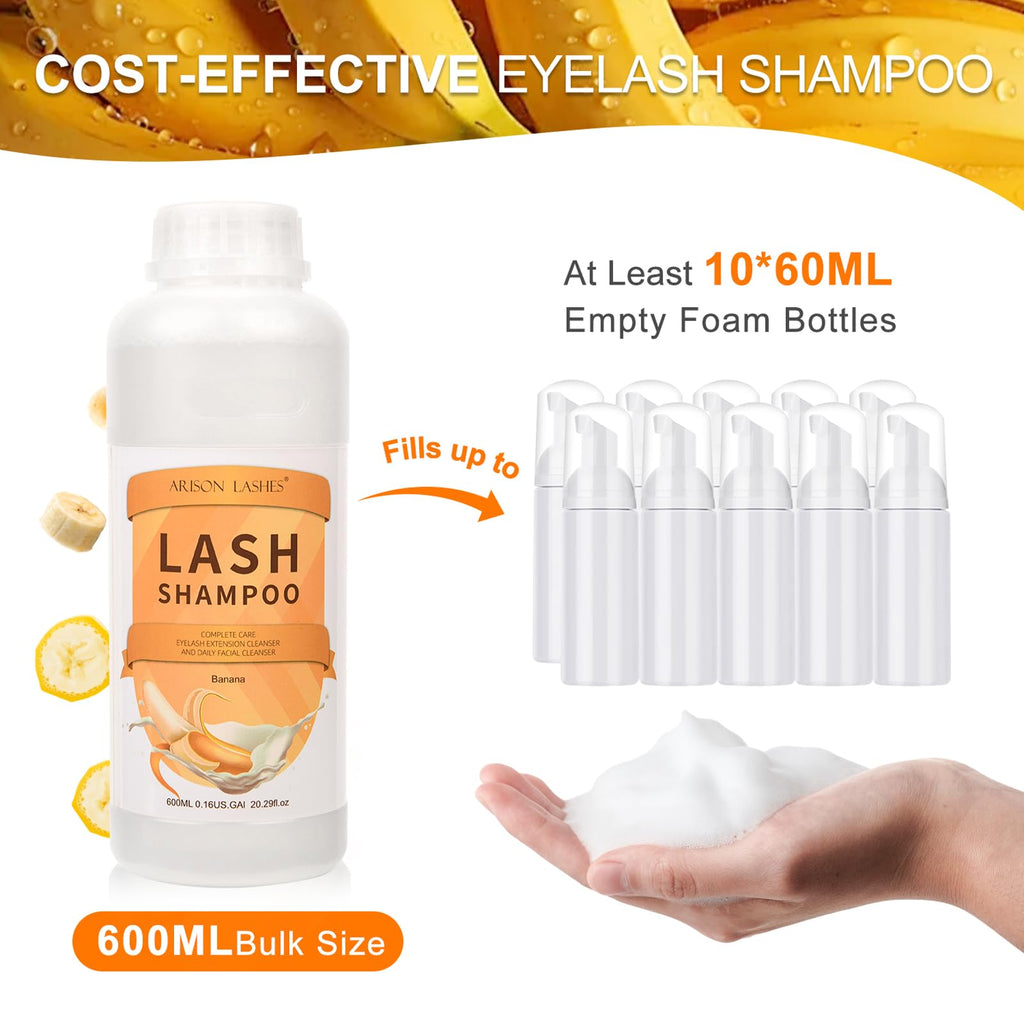 Arison Lashes Eyelash Extension Shampoo 600ml – Banana Foaming Cleanser for Extensions & Natural Lashes (Oil-Free, Paraben & Sulfate Free) – Professional & Self-Use