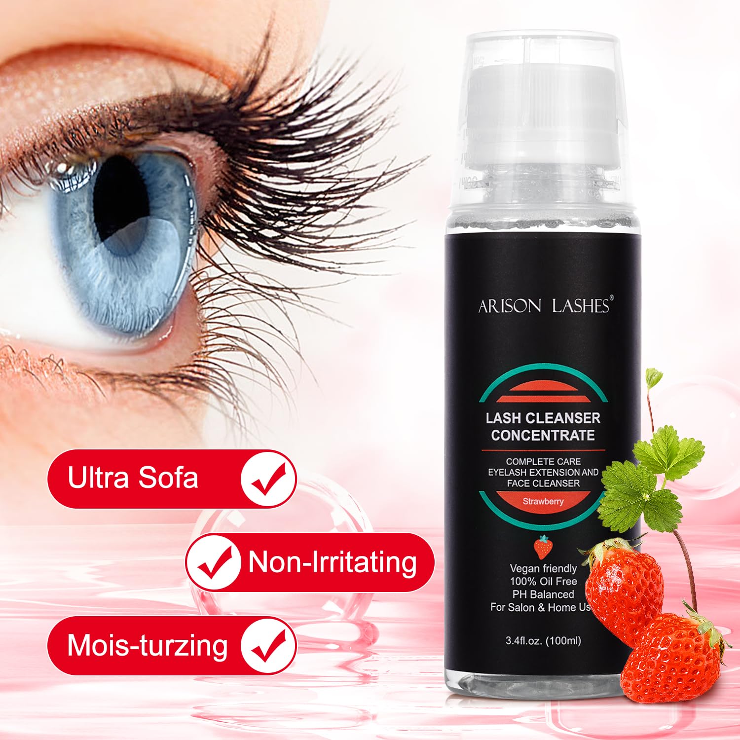ARISON LASHES Eyelash Cleanser Concentrate 100ml – Foaming Lash Shampoo for Extensions (Strawberry)