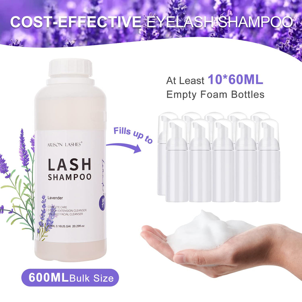 ARISON LASHES Eyelash Extension Shampoo 600ml – Lavender Foaming Cleanser for Extensions & Natural Lashes