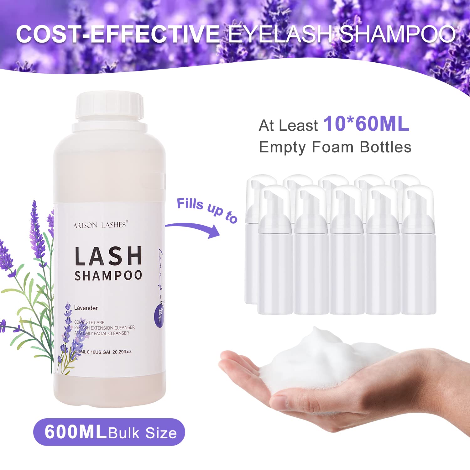 ARISON LASHES Eyelash Extension Shampoo 600ml – Lavender Foaming Cleanser for Extensions & Natural Lashes