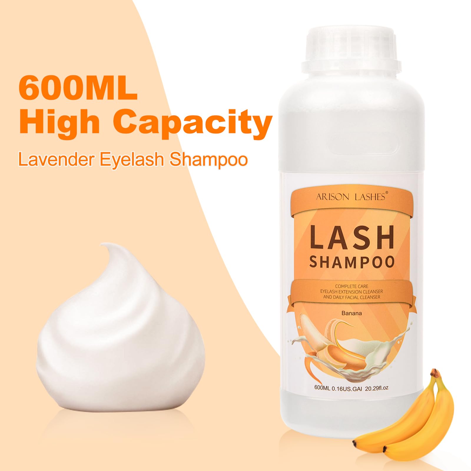 Arison Lashes Eyelash Extension Shampoo 600ml – Banana Foaming Cleanser for Extensions & Natural Lashes (Oil-Free, Paraben & Sulfate Free) – Professional & Self-Use