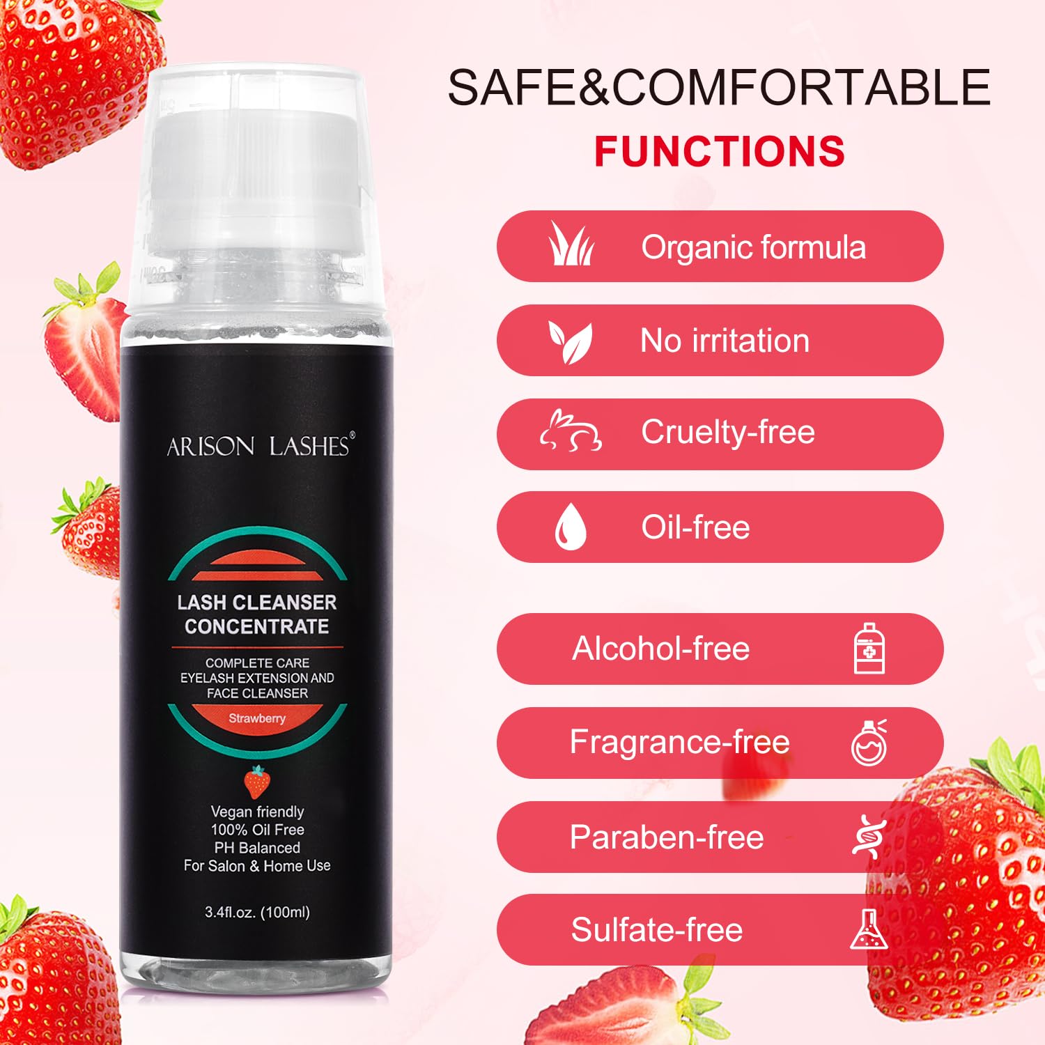 ARISON LASHES Eyelash Cleanser Concentrate 100ml – Foaming Lash Shampoo for Extensions (Strawberry)