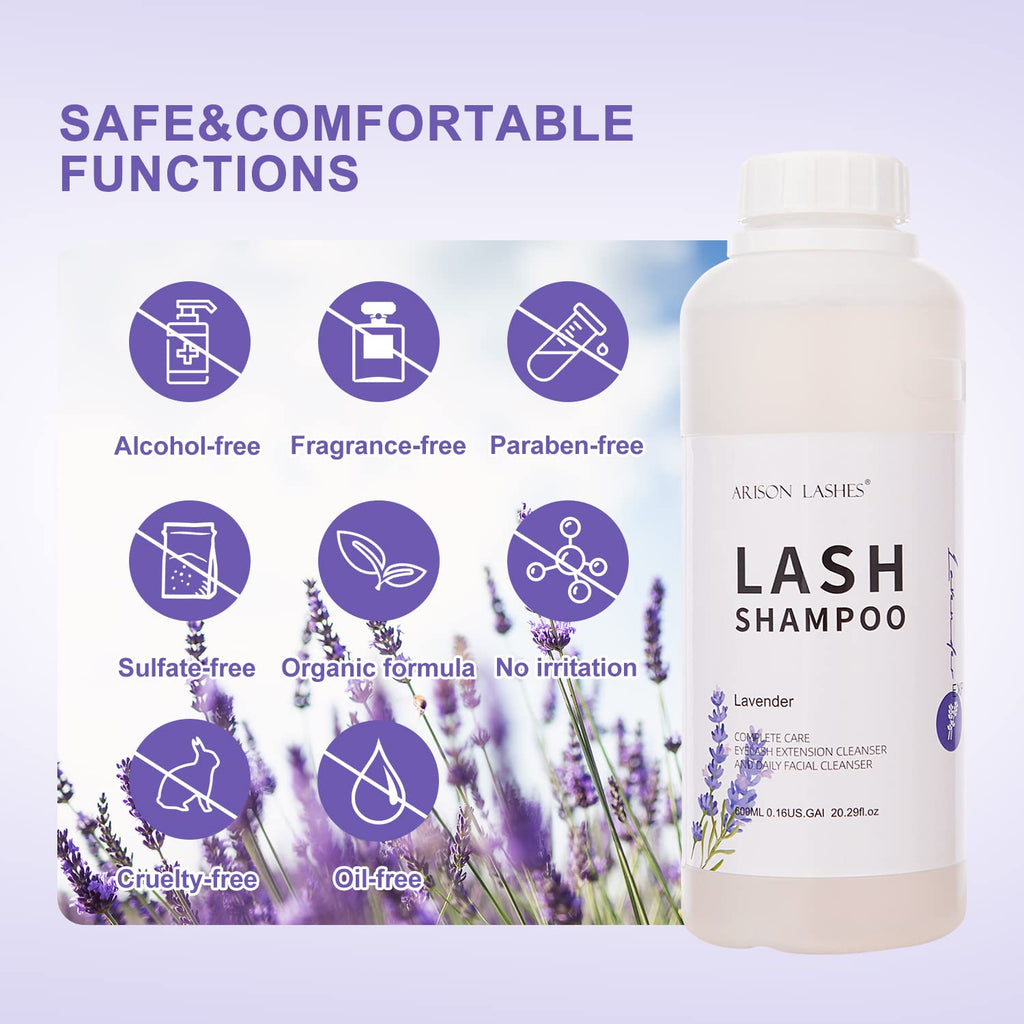 ARISON LASHES Eyelash Extension Shampoo 600ml – Lavender Foaming Cleanser for Extensions & Natural Lashes