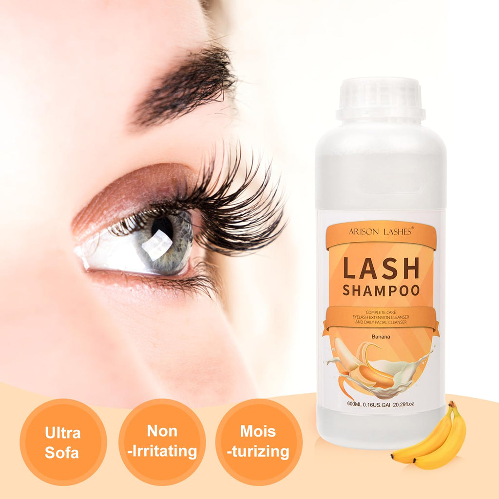 Arison Lashes Eyelash Extension Shampoo 600ml – Banana Foaming Cleanser for Extensions & Natural Lashes (Oil-Free, Paraben & Sulfate Free) – Professional & Self-Use