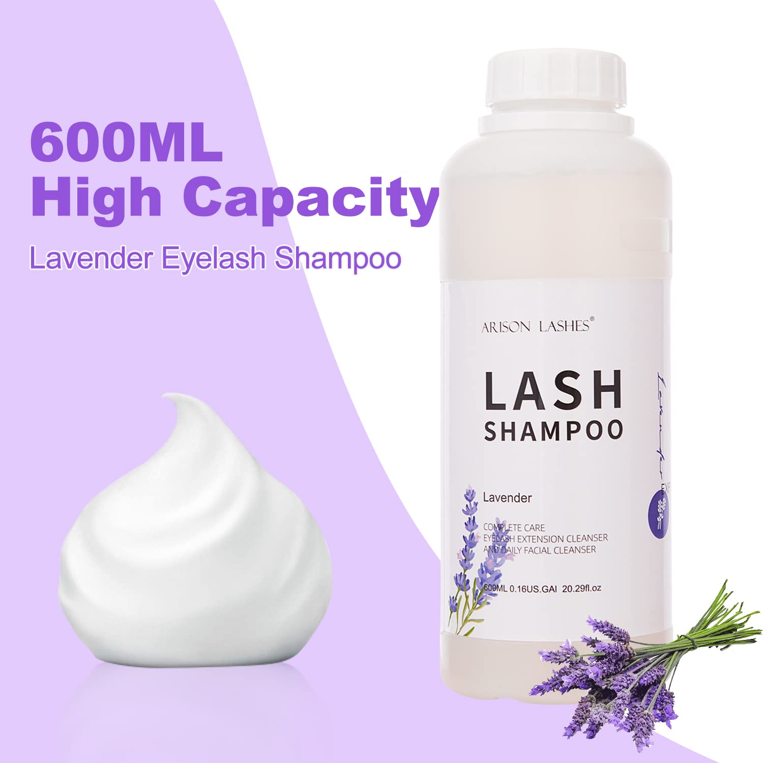 ARISON LASHES Eyelash Extension Shampoo 600ml – Lavender Foaming Cleanser for Extensions & Natural Lashes