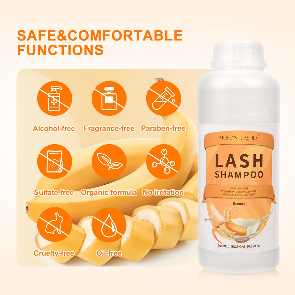 Arison Lashes Eyelash Extension Shampoo 600ml – Banana Foaming Cleanser for Extensions & Natural Lashes (Oil-Free, Paraben & Sulfate Free) – Professional & Self-Use