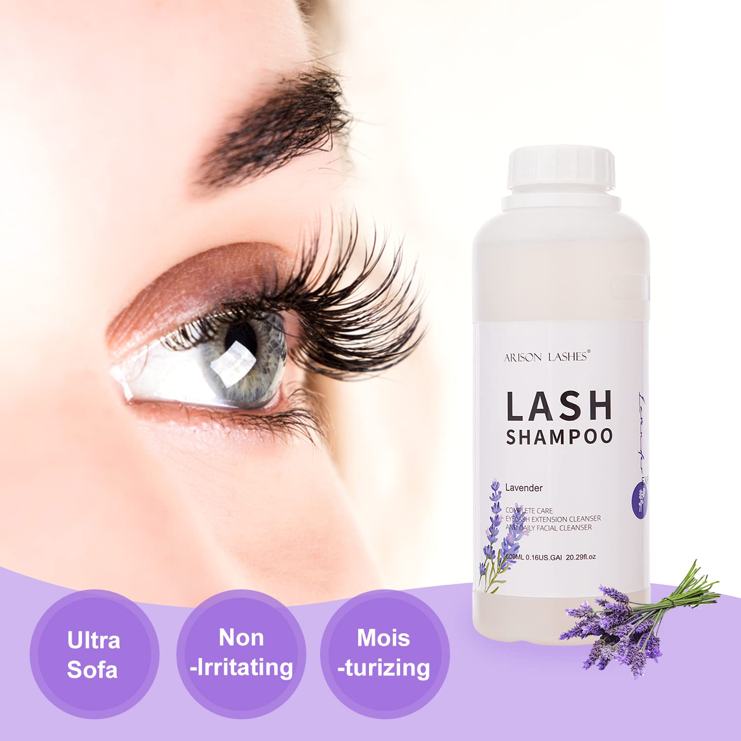 ARISON LASHES Eyelash Extension Shampoo 600ml – Lavender Foaming Cleanser for Extensions & Natural Lashes