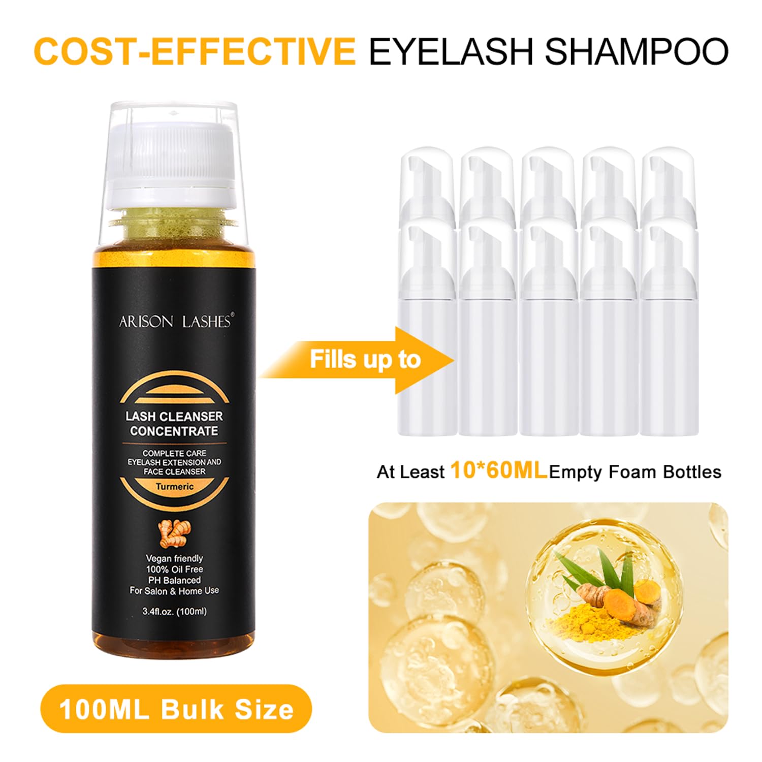 ARISON LASHES Turmeric Shampoo Concentrate 100ml – Lash Extensions Care, Dilute to Create 20x60ml Bottles