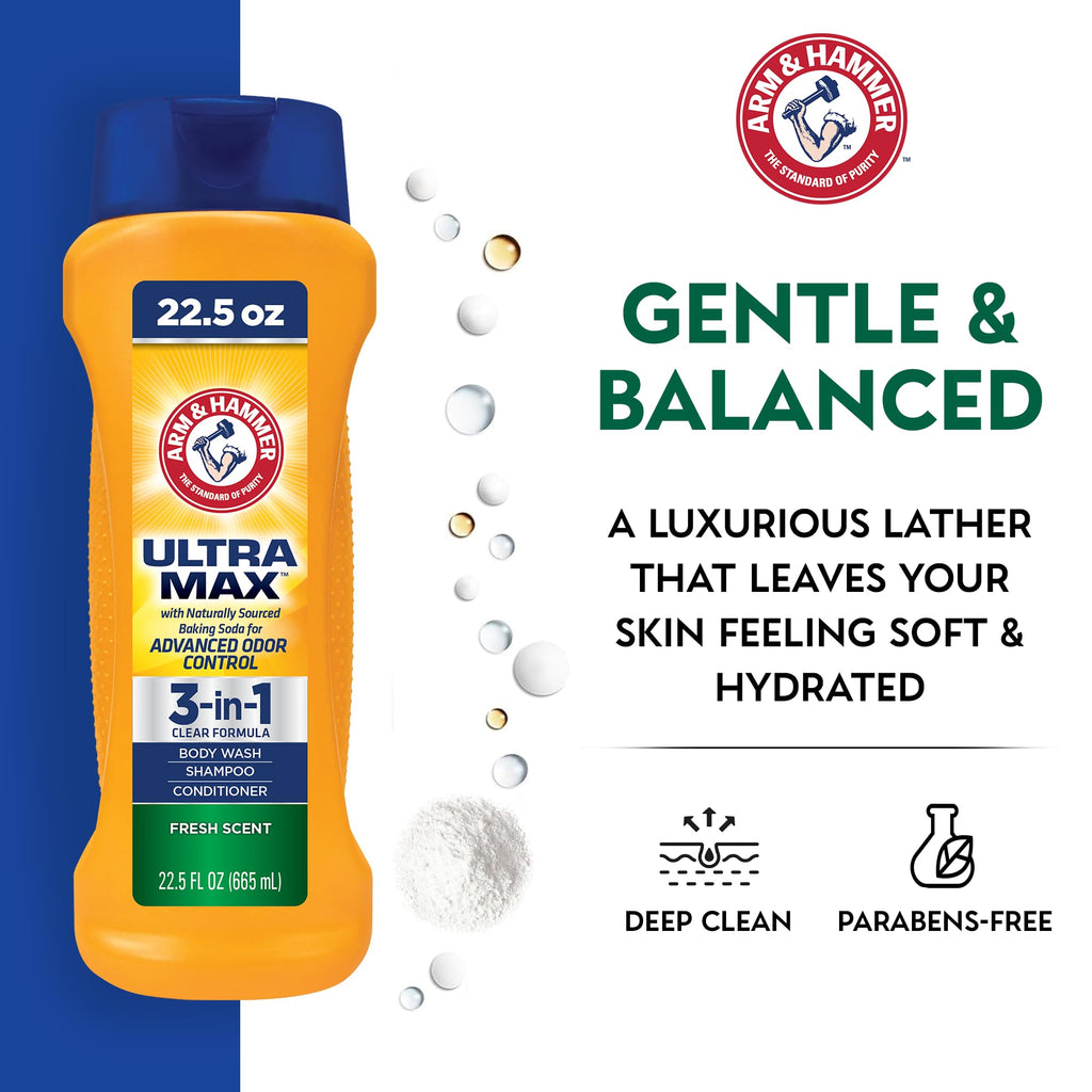 Arm & Hammer Essentials 3-in-1 Men's Body Wash, Cool Water - Ultra Max 22.5oz