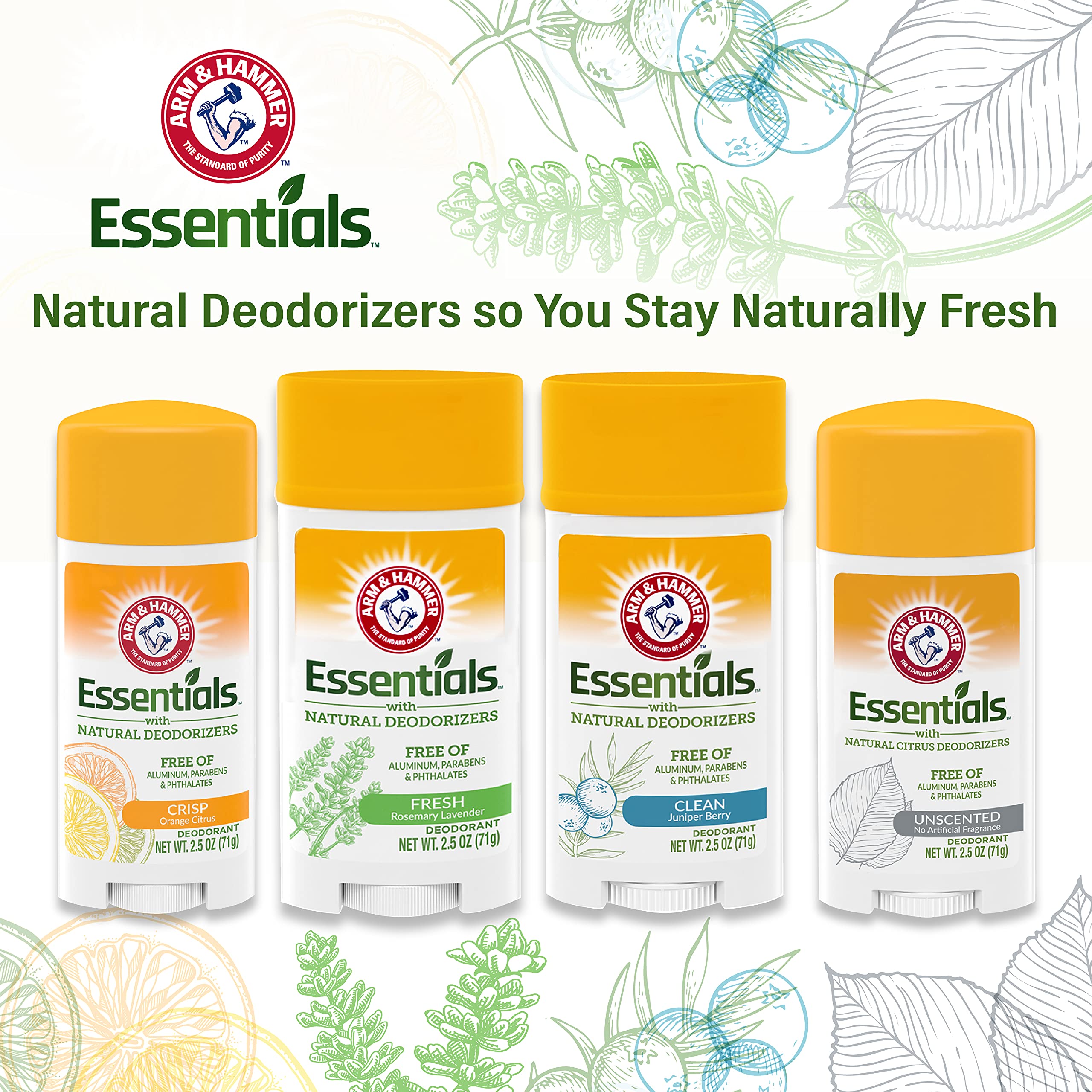 Arm & Hammer Essentials Unscented Deodorant – Aluminum-Free, 2.5 oz (73 ml) 3 Pack