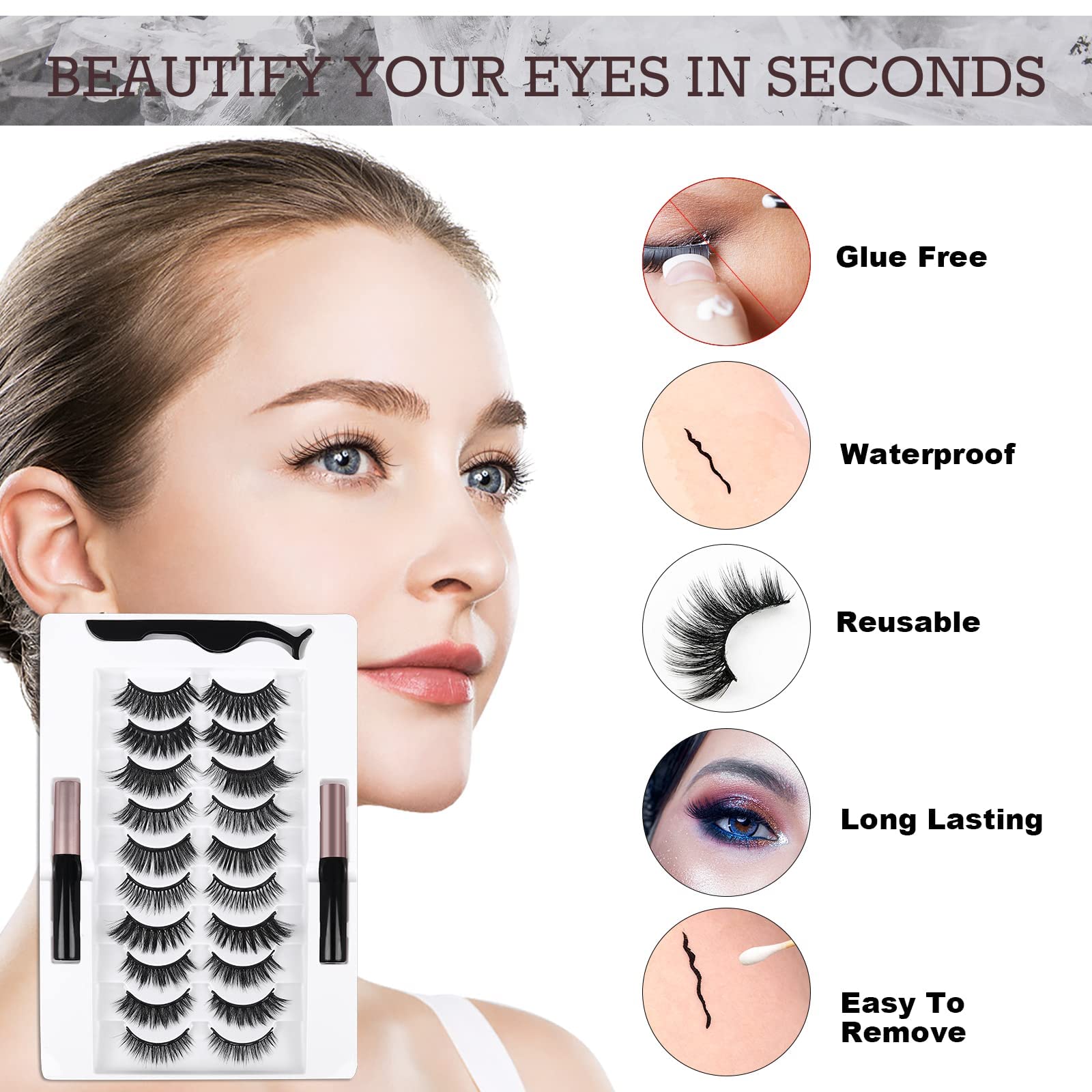 AROIC 20 Kinds of 3D 5D Magnetic Eyelash Kit – 20 Pairs, Glue & 2 Tweezers, Natural Look